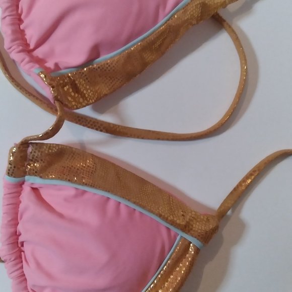 The Bikini Lab Triangle Bikini Swimsuit Top. Pink with Gold trim, size Med NWOT - Picture 3 of 7